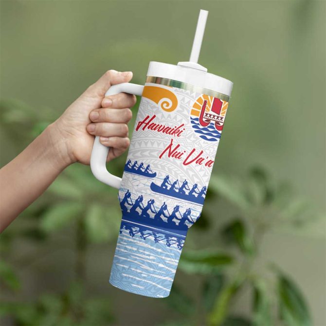 Hawaiki Nui Va #8217;A French Polynesian White Color Custom Stanley Quencher 40Oz Stainless Steel Tumbler With Handle - Image 3