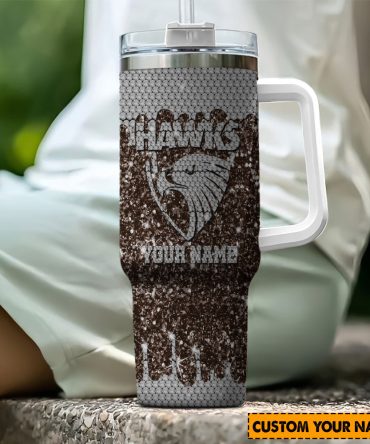Hawthorn Hawks Afl Sports Glitter Custom Stanley Quencher 40Oz Stainless Steel Tumbler With Handle