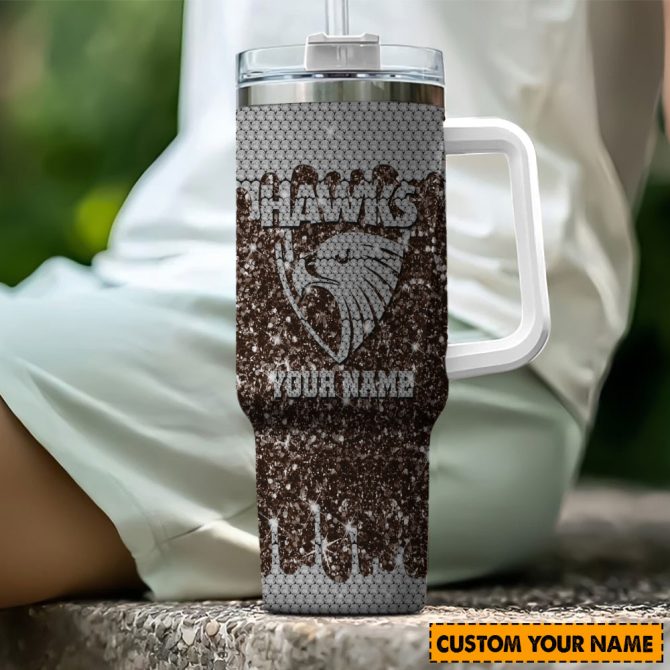 Hawthorn Hawks Afl Sports Glitter Custom Stanley Quencher 40Oz Stainless Steel Tumbler With Handle