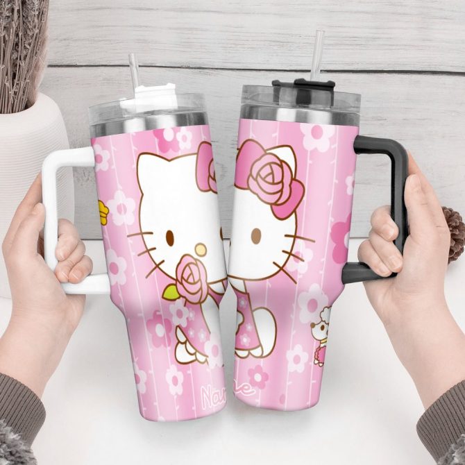 Hello Kitty Cartoon Custom Stanley Quencher 40Oz Stainless Steel Tumbler With Handle - Image 3