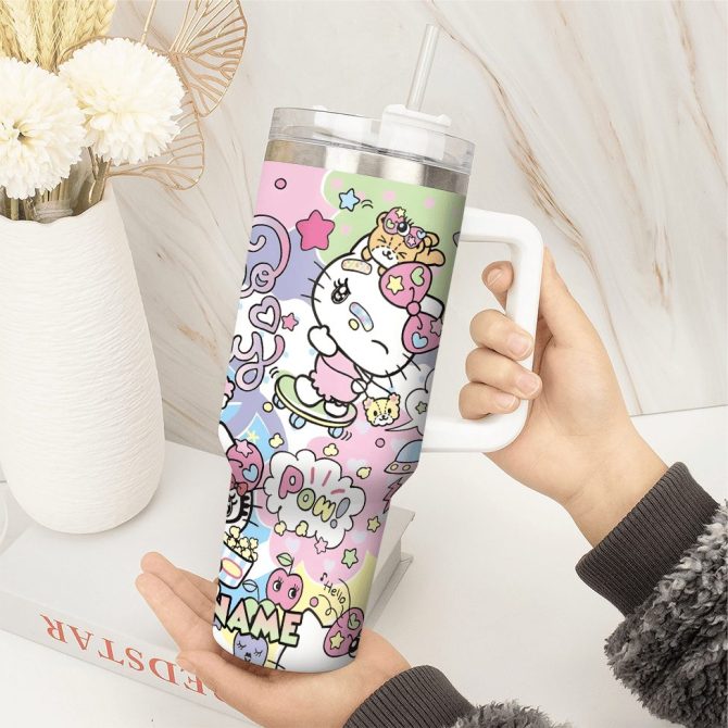 Hello Kitty Cartoon Custom Stanley Quencher 40Oz Stainless Steel Tumbler With Handle - Image 4