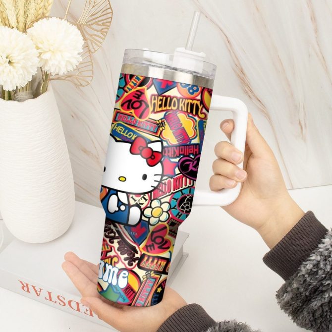 Hello Kitty Cartoon Custom Stanley Quencher 40Oz Stainless Steel Tumbler With Handle - Image 4
