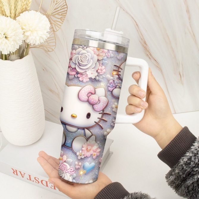Hello Kitty Cartoon Custom Stanley Quencher 40Oz Stainless Steel Tumbler With Handle - Image 3