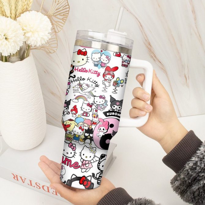 Hello Kitty Cartoon Custom Stanley Quencher 40Oz Stainless Steel Tumbler With Handle - Image 4