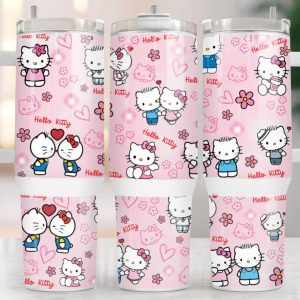 Hello Kitty Couple Sanrio Cartoon Custom Stanley Quencher 40Oz Stainless Steel Tumbler With Handle