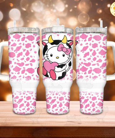 Hello Kitty Cowprint Sanrio Cartoon Custom Stanley Quencher 40Oz Stainless Steel Tumbler With Handle
