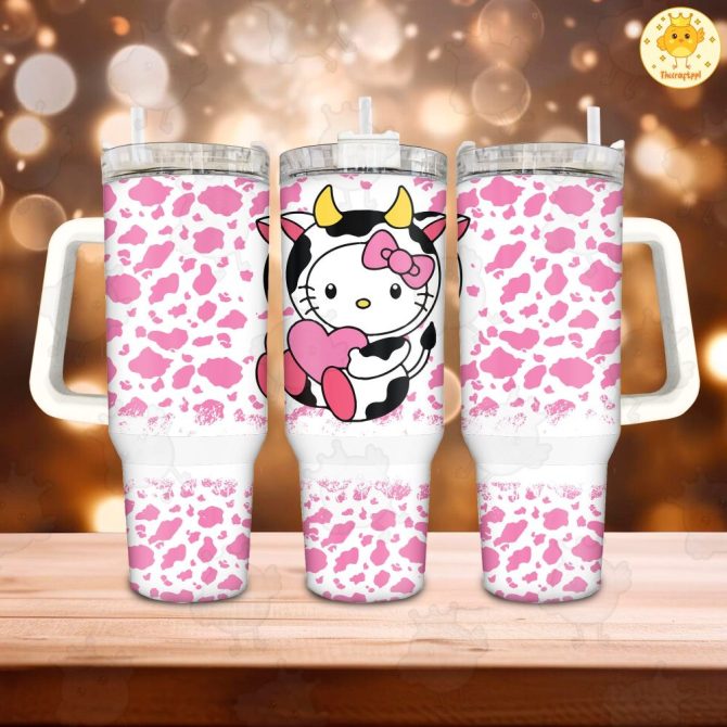Hello Kitty Cowprint Sanrio Cartoon Custom Stanley Quencher 40Oz Stainless Steel Tumbler With Handle