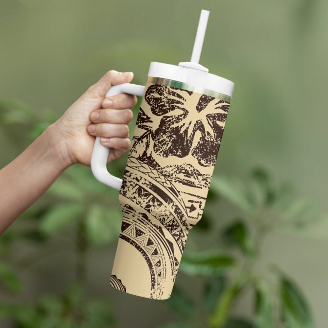 Hibiscus Tribal Vintage Custom Stanley Quencher 40Oz Stainless Steel Tumbler - Image 4