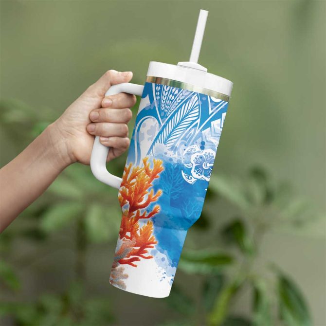 Hibiscus Turtle Tattoo Coral Reef With Polynesian Tribal Custom Stanley Quencher 40Oz Stainless Steel Tumbler With Handle - Image 3
