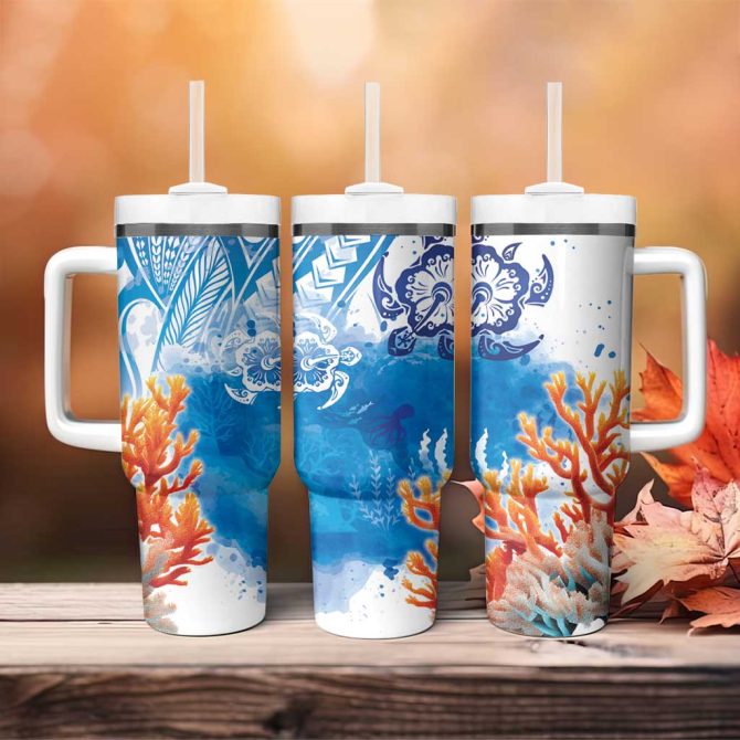 Hibiscus Turtle Tattoo Coral Reef With Polynesian Tribal Custom Stanley Quencher 40Oz Stainless Steel Tumbler With Handle - Image 4