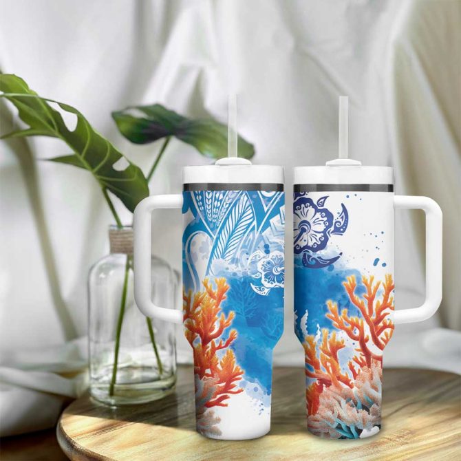 Hibiscus Turtle Tattoo Coral Reef With Polynesian Tribal Custom Stanley Quencher 40Oz Stainless Steel Tumbler With Handle - Image 9