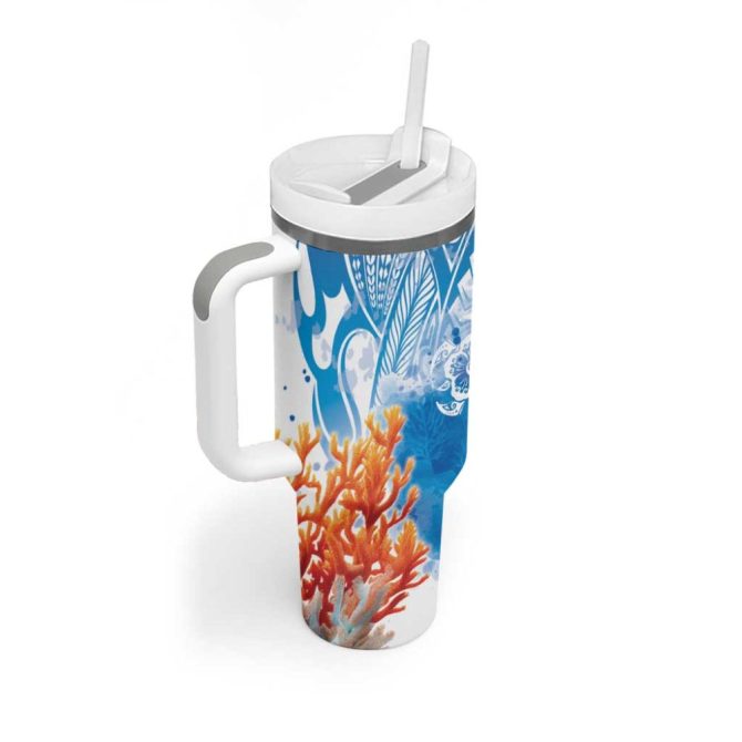 Hibiscus Turtle Tattoo Coral Reef With Polynesian Tribal Custom Stanley Quencher 40Oz Stainless Steel Tumbler With Handle - Image 2