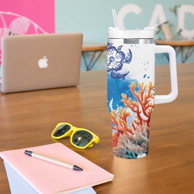 Hibiscus Turtle Tattoo Coral Reef With Polynesian Tribal Custom Stanley Quencher 40Oz Stainless Steel Tumbler With Handle - Image 5