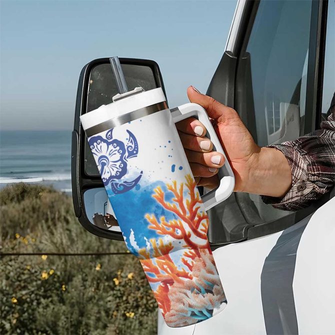 Hibiscus Turtle Tattoo Coral Reef With Polynesian Tribal Custom Stanley Quencher 40Oz Stainless Steel Tumbler With Handle - Image 7