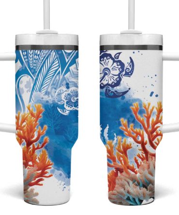 Hibiscus Turtle Tattoo Coral Reef With Polynesian Tribal Custom Stanley Quencher 40Oz Stainless Steel Tumbler With Handle
