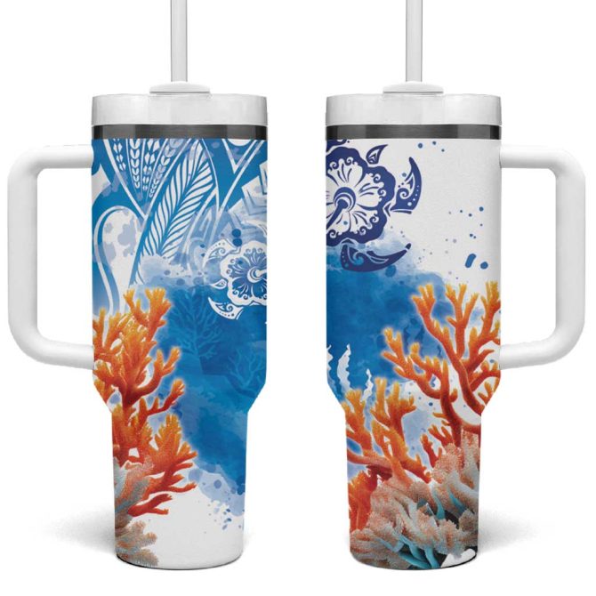 Hibiscus Turtle Tattoo Coral Reef With Polynesian Tribal Custom Stanley Quencher 40Oz Stainless Steel Tumbler With Handle