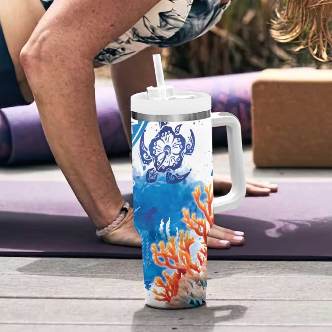 Hibiscus Turtle Tattoo Coral Reef With Polynesian Tribal Custom Stanley Quencher 40Oz Stainless Steel Tumbler With Handle - Image 6
