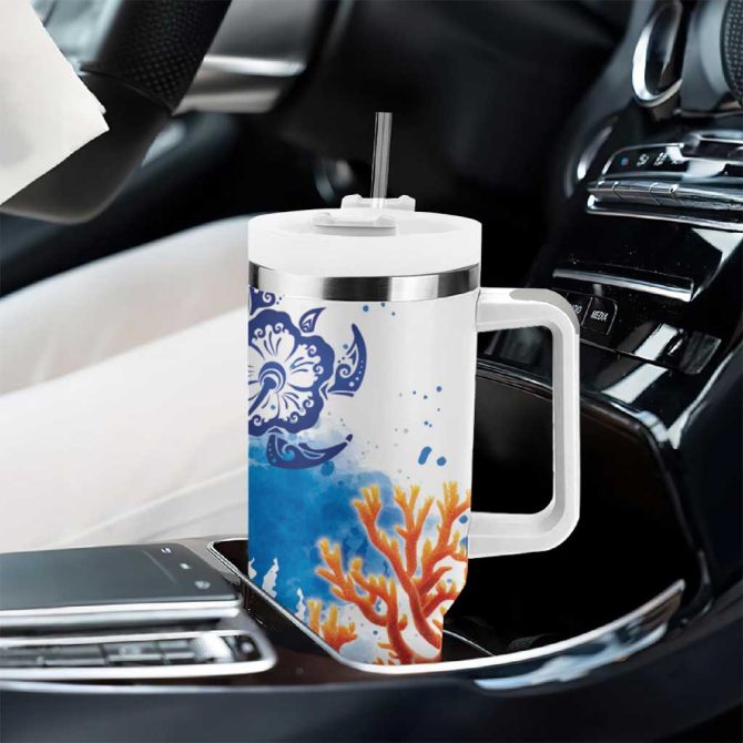 Hibiscus Turtle Tattoo Coral Reef With Polynesian Tribal Custom Stanley Quencher 40Oz Stainless Steel Tumbler With Handle - Image 8