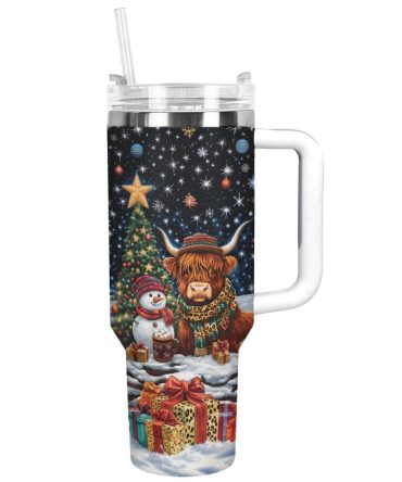 Highland Cow Festive Christmas Custom Stanley Quencher 40Oz Stainless Steel Tumbler With Handle