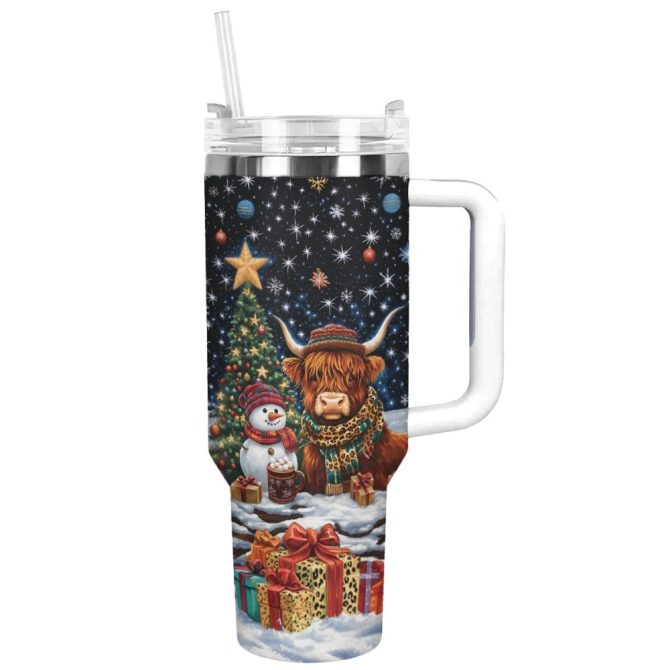 Highland Cow Festive Christmas Custom Stanley Quencher 40Oz Stainless Steel Tumbler With Handle