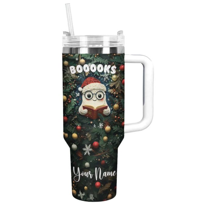 Holiday Bookworm Christmas Custom Stanley Quencher 40Oz Stainless Steel Tumbler With Handle - Image 3