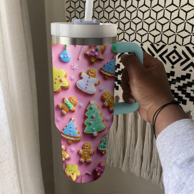 Holiday Cookies Trees Custom Stanley Quencher 40Oz Stainless Steel Tumbler With Handle - Image 3