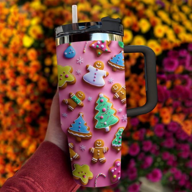 Holiday Cookies Trees Custom Stanley Quencher 40Oz Stainless Steel Tumbler With Handle - Image 4