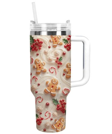 Holly Berry Gingerbread Christmas Custom Stanley Quencher 40Oz Stainless Steel Tumbler With Handle