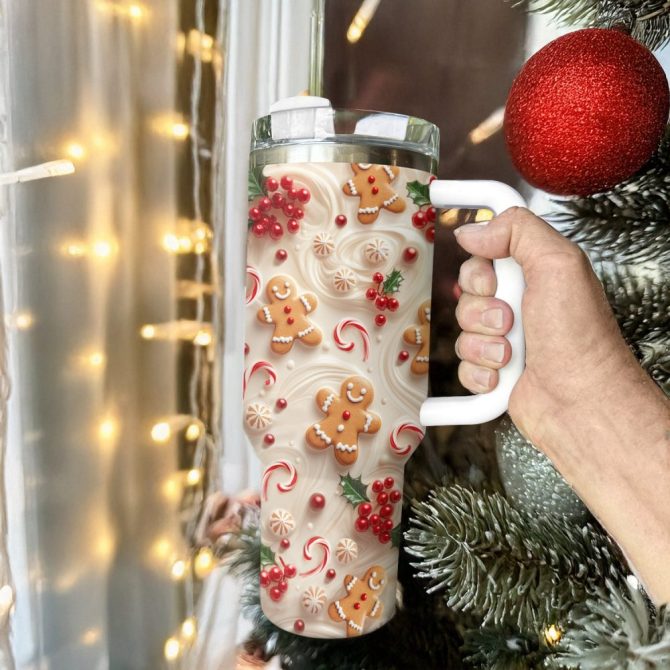 Holly Berry Gingerbread Christmas Custom Stanley Quencher 40Oz Stainless Steel Tumbler With Handle - Image 2