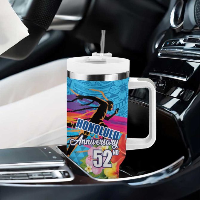 Honolulu Anniversary 52Nd Running Marathon Competition Kakau Blue Color Custom Stanley Quencher 40Oz Stainless Steel Tumbler With Handle - Image 8