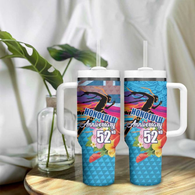 Honolulu Anniversary 52Nd Running Marathon Competition Kakau Blue Color Custom Stanley Quencher 40Oz Stainless Steel Tumbler With Handle - Image 9