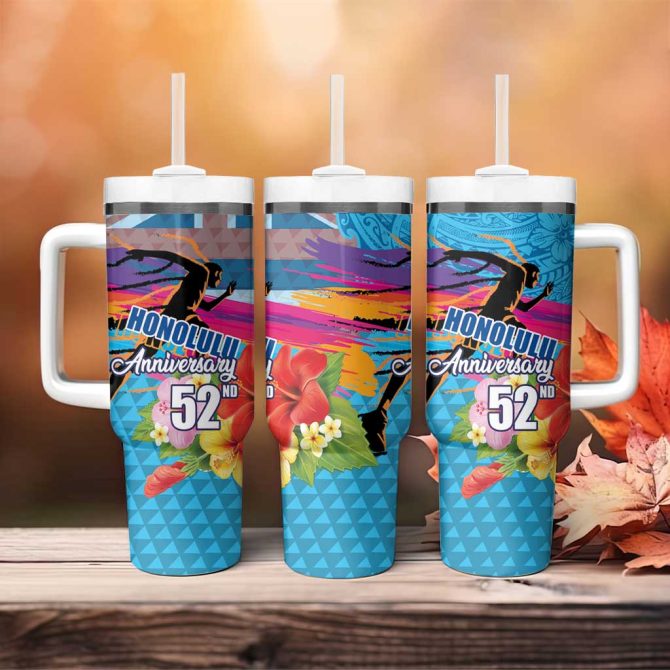 Honolulu Anniversary 52Nd Running Marathon Competition Kakau Blue Color Custom Stanley Quencher 40Oz Stainless Steel Tumbler With Handle - Image 4