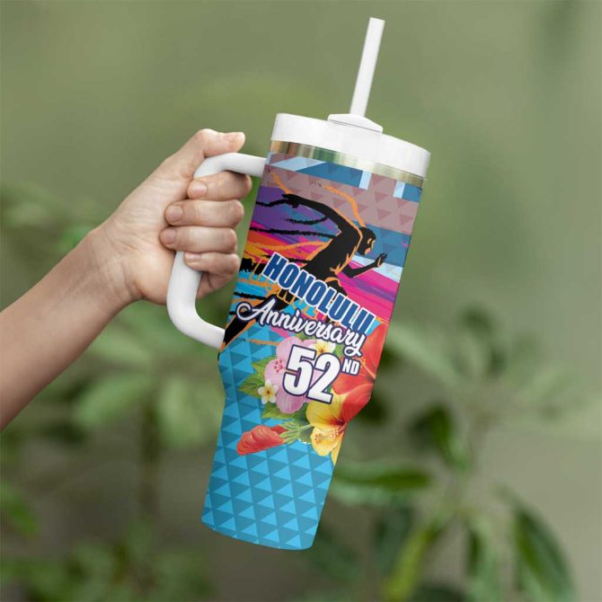 Honolulu Anniversary 52Nd Running Marathon Competition Kakau Blue Color Custom Stanley Quencher 40Oz Stainless Steel Tumbler With Handle - Image 3