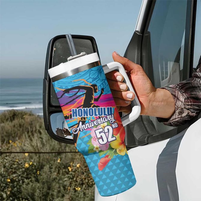 Honolulu Anniversary 52Nd Running Marathon Competition Kakau Blue Color Custom Stanley Quencher 40Oz Stainless Steel Tumbler With Handle - Image 7