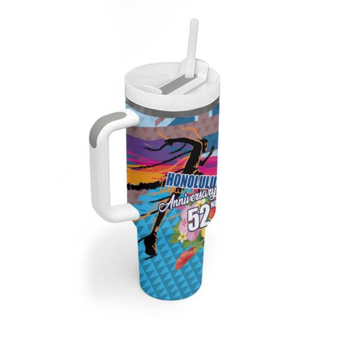 Honolulu Anniversary 52Nd Running Marathon Competition Kakau Blue Color Custom Stanley Quencher 40Oz Stainless Steel Tumbler With Handle - Image 2