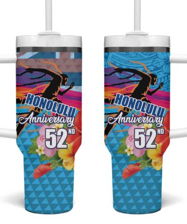 Honolulu Anniversary 52Nd Running Marathon Competition Kakau Blue Color Custom Stanley Quencher 40Oz Stainless Steel Tumbler With Handle