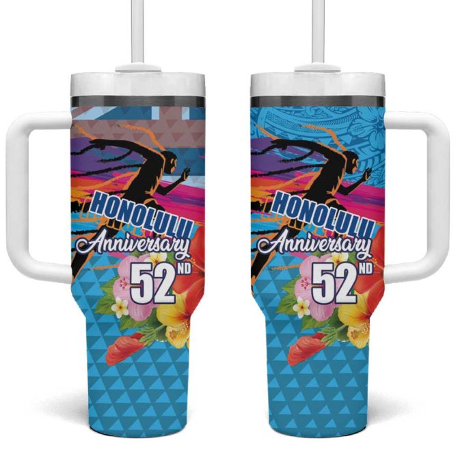 Honolulu Anniversary 52Nd Running Marathon Competition Kakau Blue Color Custom Stanley Quencher 40Oz Stainless Steel Tumbler With Handle