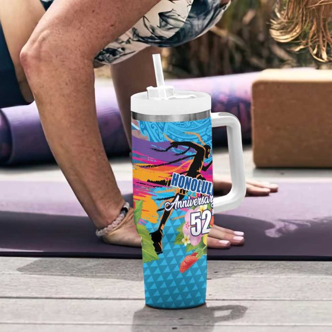 Honolulu Anniversary 52Nd Running Marathon Competition Kakau Blue Color Custom Stanley Quencher 40Oz Stainless Steel Tumbler With Handle - Image 6