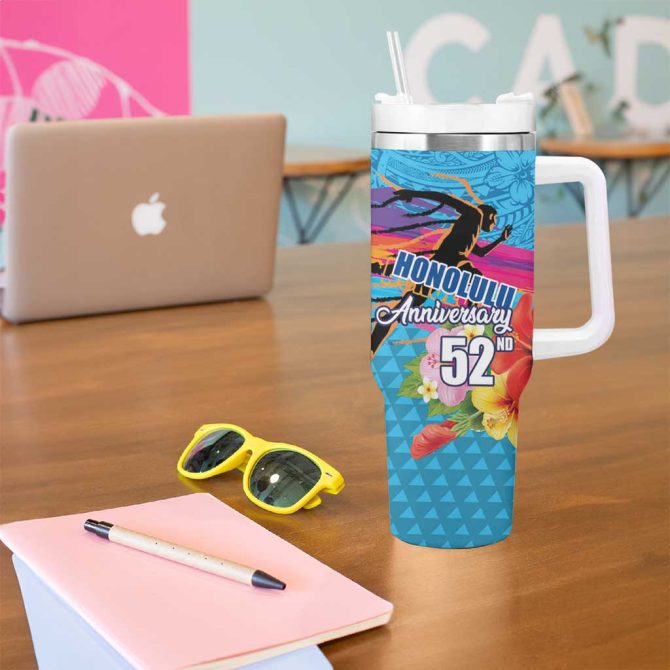 Honolulu Anniversary 52Nd Running Marathon Competition Kakau Blue Color Custom Stanley Quencher 40Oz Stainless Steel Tumbler With Handle - Image 5
