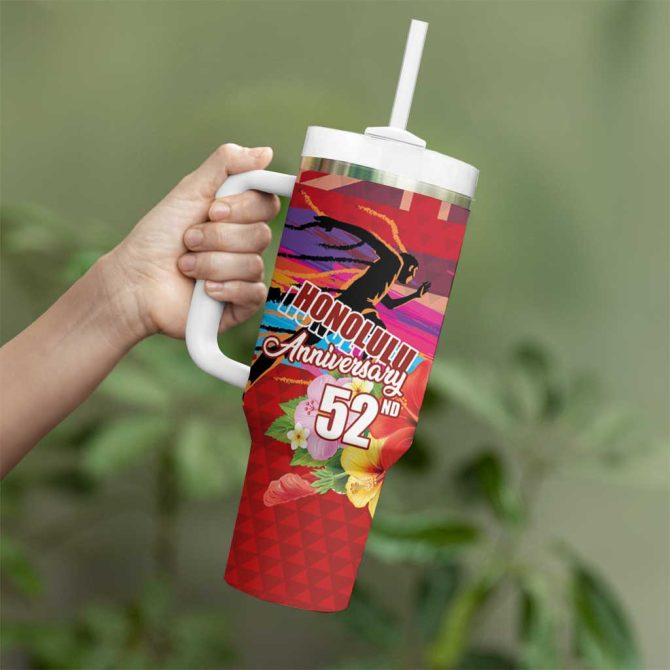 Honolulu Anniversary 52Nd Running Marathon Competition Kakau Red Color Custom Stanley Quencher 40Oz Stainless Steel Tumbler With Handle - Image 3