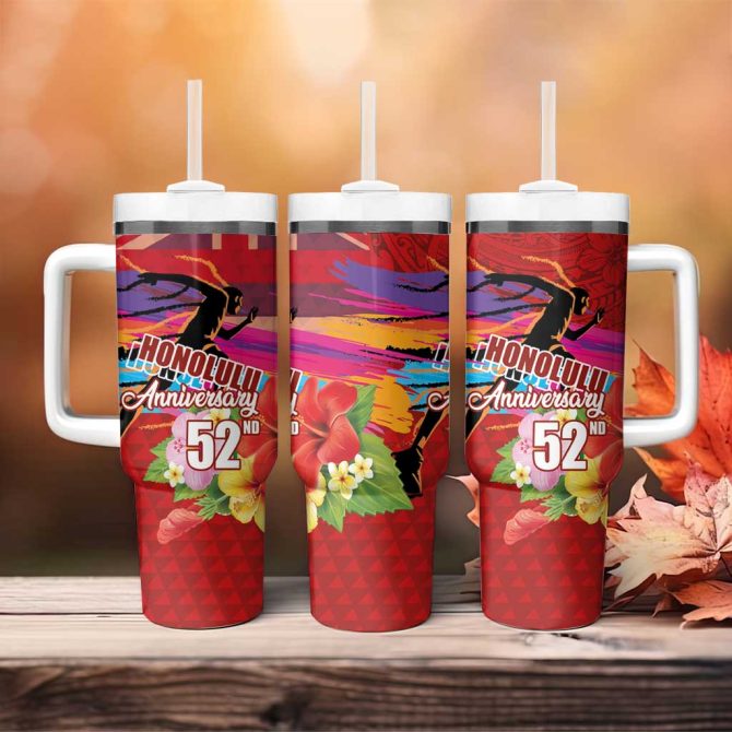 Honolulu Anniversary 52Nd Running Marathon Competition Kakau Red Color Custom Stanley Quencher 40Oz Stainless Steel Tumbler With Handle - Image 4
