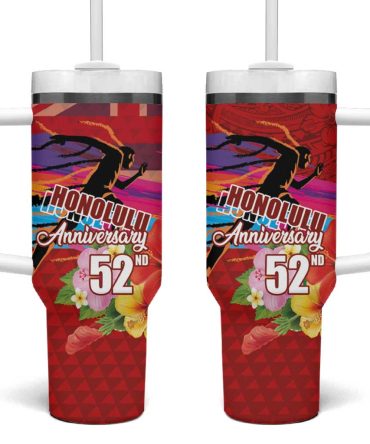 Honolulu Anniversary 52Nd Running Marathon Competition Kakau Red Color Custom Stanley Quencher 40Oz Stainless Steel Tumbler With Handle