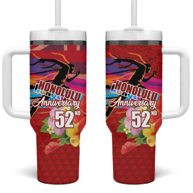 Honolulu Anniversary 52Nd Running Marathon Competition Kakau Red Color Custom Stanley Quencher 40Oz Stainless Steel Tumbler With Handle