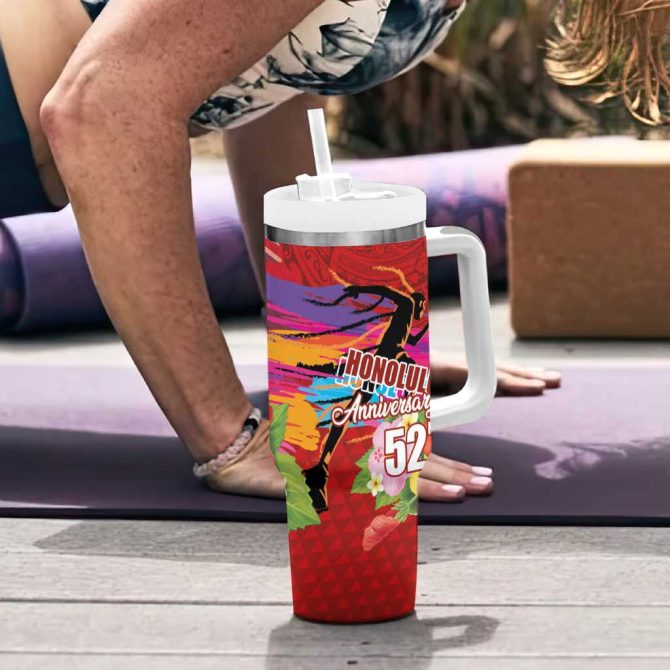 Honolulu Anniversary 52Nd Running Marathon Competition Kakau Red Color Custom Stanley Quencher 40Oz Stainless Steel Tumbler With Handle - Image 6