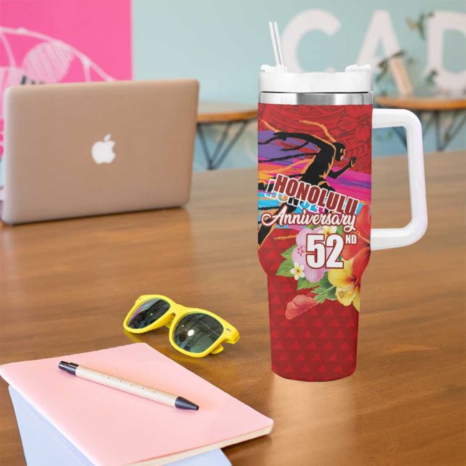 Honolulu Anniversary 52Nd Running Marathon Competition Kakau Red Color Custom Stanley Quencher 40Oz Stainless Steel Tumbler With Handle - Image 5