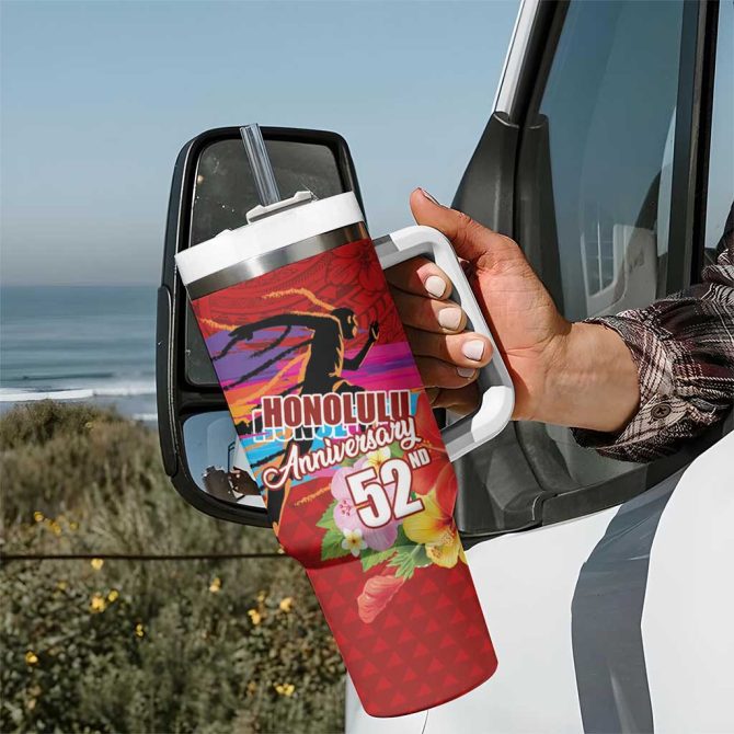 Honolulu Anniversary 52Nd Running Marathon Competition Kakau Red Color Custom Stanley Quencher 40Oz Stainless Steel Tumbler With Handle - Image 7