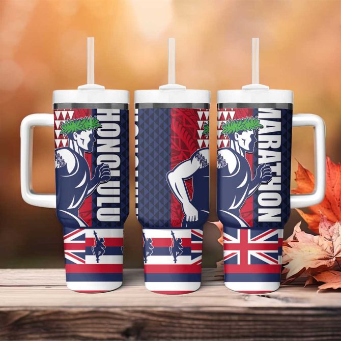Honolulu Running 2024 Marathon Competition Hula Runner And Kakau Art Tattoo Custom Stanley Quencher 40Oz Stainless Steel Tumbler With Handle - Image 4