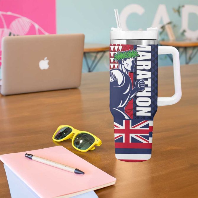 Honolulu Running 2024 Marathon Competition Hula Runner And Kakau Art Tattoo Custom Stanley Quencher 40Oz Stainless Steel Tumbler With Handle - Image 5