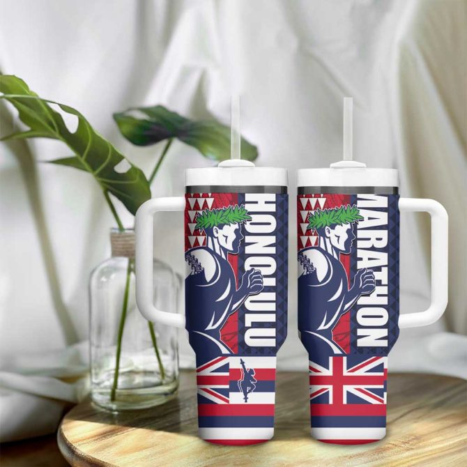 Honolulu Running 2024 Marathon Competition Hula Runner And Kakau Art Tattoo Custom Stanley Quencher 40Oz Stainless Steel Tumbler With Handle - Image 9