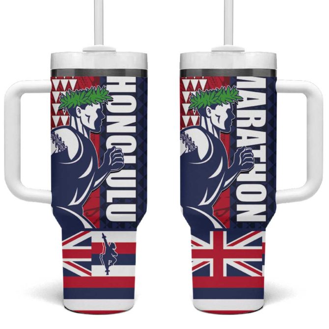 Honolulu Running 2024 Marathon Competition Hula Runner And Kakau Art Tattoo Custom Stanley Quencher 40Oz Stainless Steel Tumbler With Handle